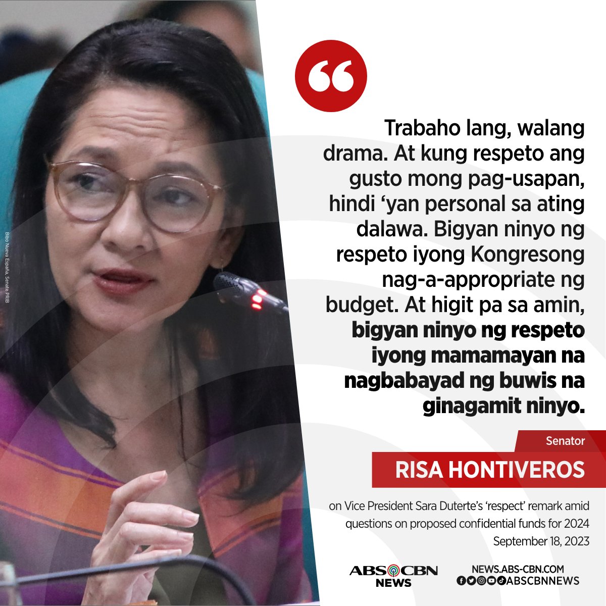 ABSCBNNews's tweet photo. May bagong mensahe si Senador Risa Hontiveros kay Vice President Sara Duterte.

Nananawagan ang senador sa mga kasama niya sa Senado at Kamara na limitahan na ang paglalaan ng confidential funds.

Kaugnay na ulat: https://t.co/cP2Ix0RWsT https://t.co/Oh0q9Wu2HP