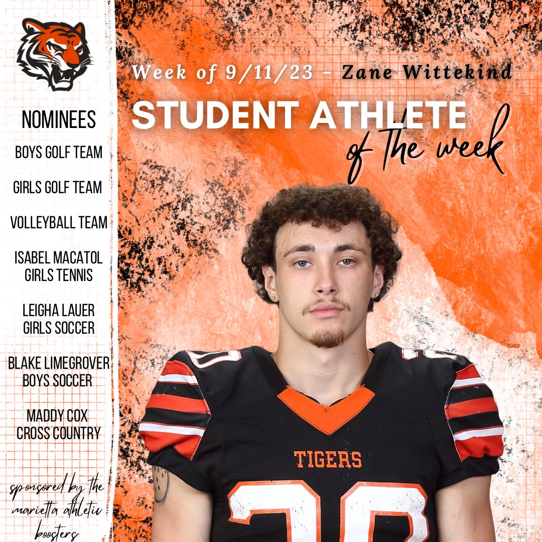 This week’s Athlete of the Week is Senior Zane Wittekind! Zane has helped the Tiger Football team claim their third win in a row this Friday by running for 128 yards on 13 carries while scoring 4 touchdowns. The Tigers beat the Ripley Vikings 43-3. Keep up the incredible effort!