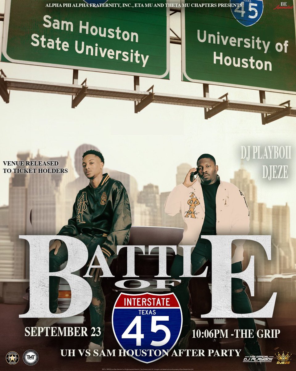 ThetaMuAlphas's tweet photo. THE BATTLE FOR I-45 IS THIS SATURDAY! 🛣️🔥

Come out and tailgate with us at 2PM as SHSU Football takes on UofH! 🏈🫵🏾

And we got you covered with the after party with @UHAlphas 
ΘΜ x HM 🦍❄️

Who’s going to take home bragging rights? 👀 https://t.co/ULkr7MgGV9