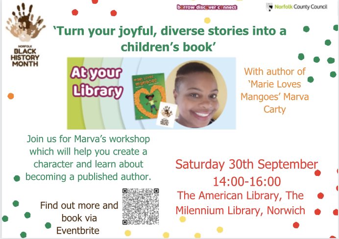 Do you dream of writing books for children? Are you passionate about joyful representation in stories? Join children’s author Marva Carty to hear how she did it and learn how you can to at a fully funded workshop Sat 30 September <a href="/MillenniumLib/">Norfolk & Norwich Millennium Library</a> eventbrite.co.uk/e/turn-your-jo…