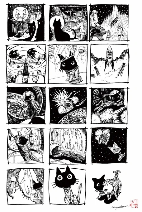 2017年にローザンヌで開催されたテオフィル・アレクサンドル・スタンランのトリビュート展に世界中のイラストレーターやコミックアーティストが猫の絵を出展しました。日本からはカネコアツシさんと私。その時、私が描いたセリフ無しの漫画とスタンランの見事な絵。 
