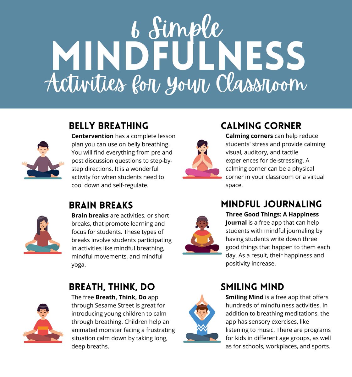 Mindfulness can help students focus and self-regulate. See how you can integrate mindfulness in the classroom with six simple activities. sbee.link/npkefr8jcw @diben #sel #teachertwitter #k12