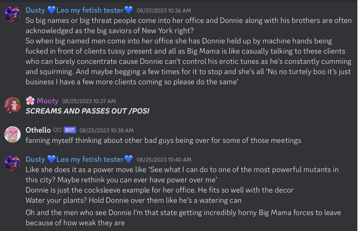 CW for dubcon or con to noncon or just noncon depending on how you interpret it

The sketches are messy but I VERY MUCH want more people to be into Big Mama x Donnie content. #tcest 
The prompt is from <a href="/DustyRack/">✨💙🩵Dusty🩵💙✨(Commissions closed atm!!)</a> ! Everyone in this server has ginormous brain concepts