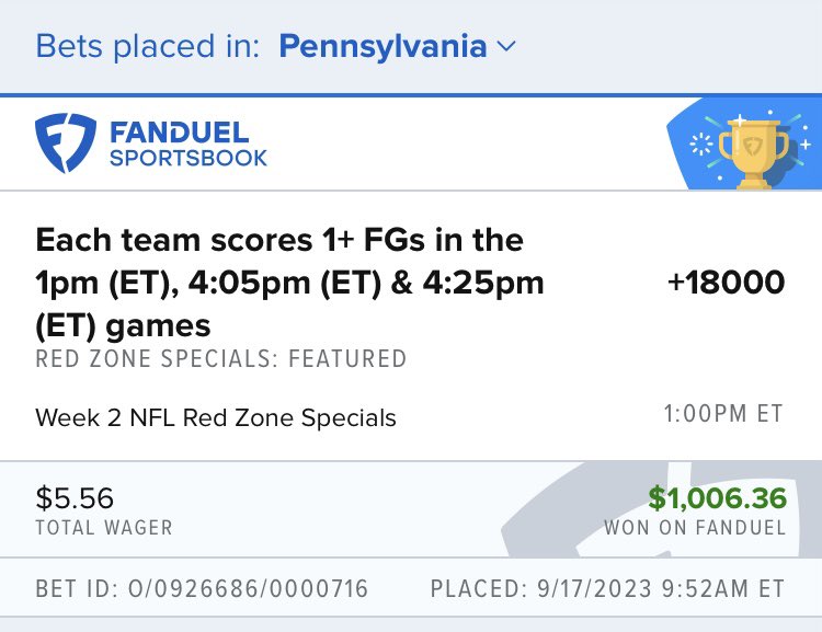 AndrewDomencic's tweet photo. @FDSportsbook just hit the biggest at of my life. #NFL #FieldGoals #FanDuel https://t.co/MNH5VEAxt4