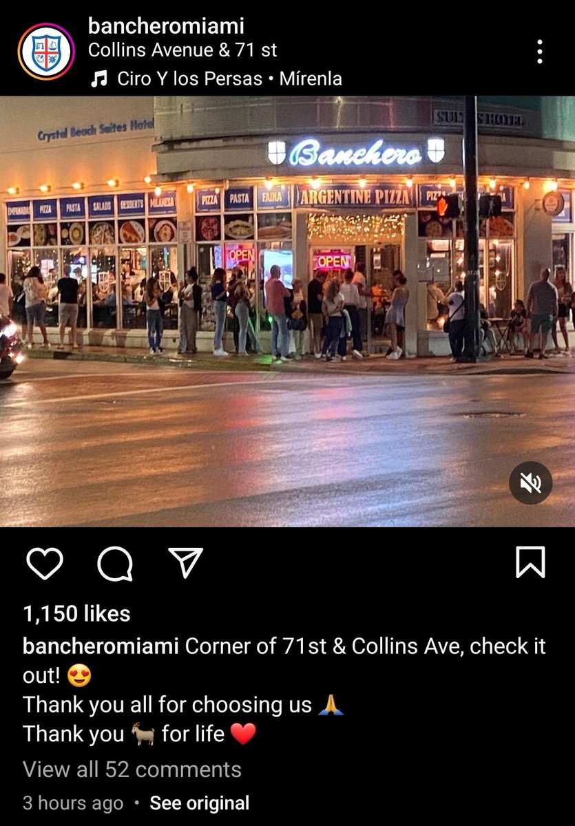 Intermiamicfhub's tweet photo. 🚨 @BancheroMiami the restaurant from which Messi ordered Pizza and posted it on his IG story say: "Thank you 🐐 for life ❤️." Their business surely multiplied after that post!!! #Messi #InterMiamiCF #MLS https://t.co/Q931O4f5LW