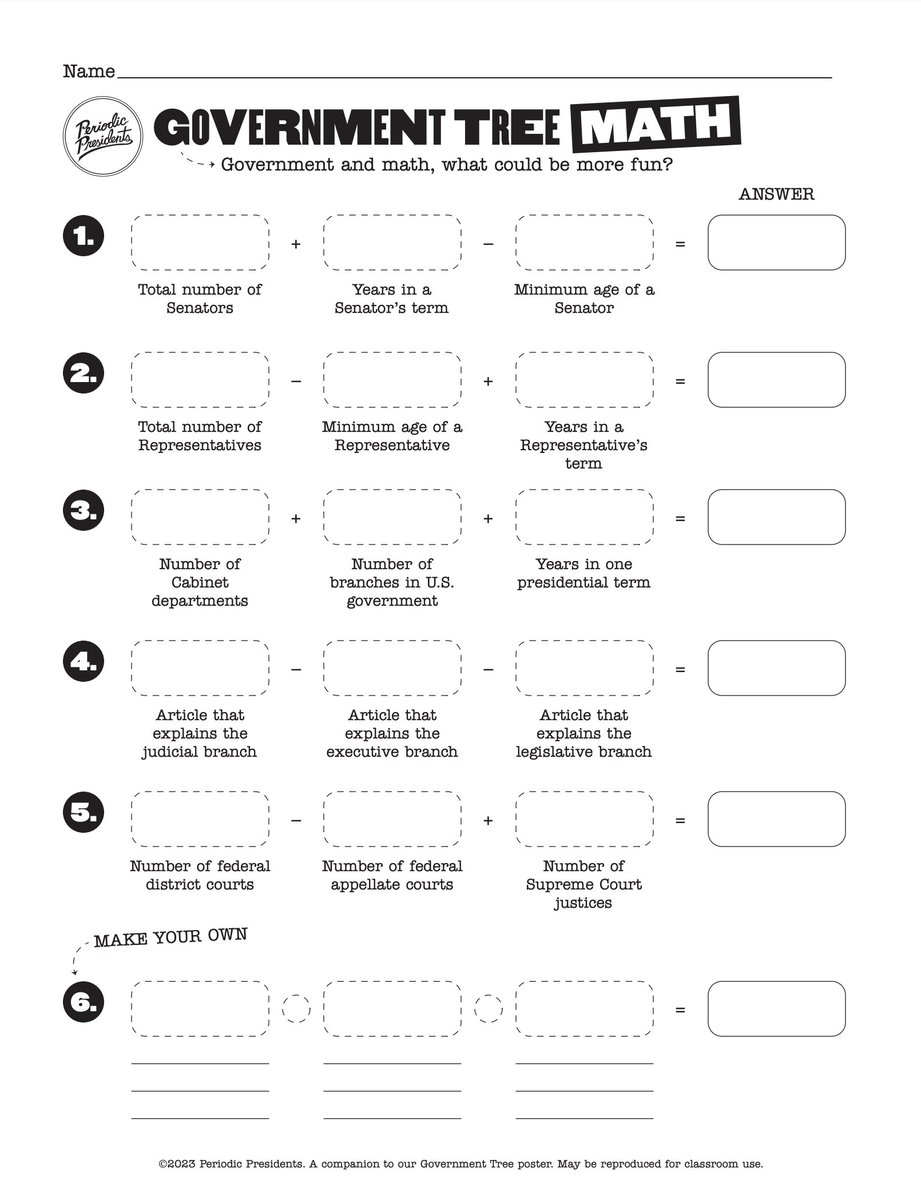 Hey, educators... need a fun activity about the Constitution?

How about some Government Tree Math?
🇺🇸➕🌳🟰😎

periodicpresidents.com/wp-content/upl…