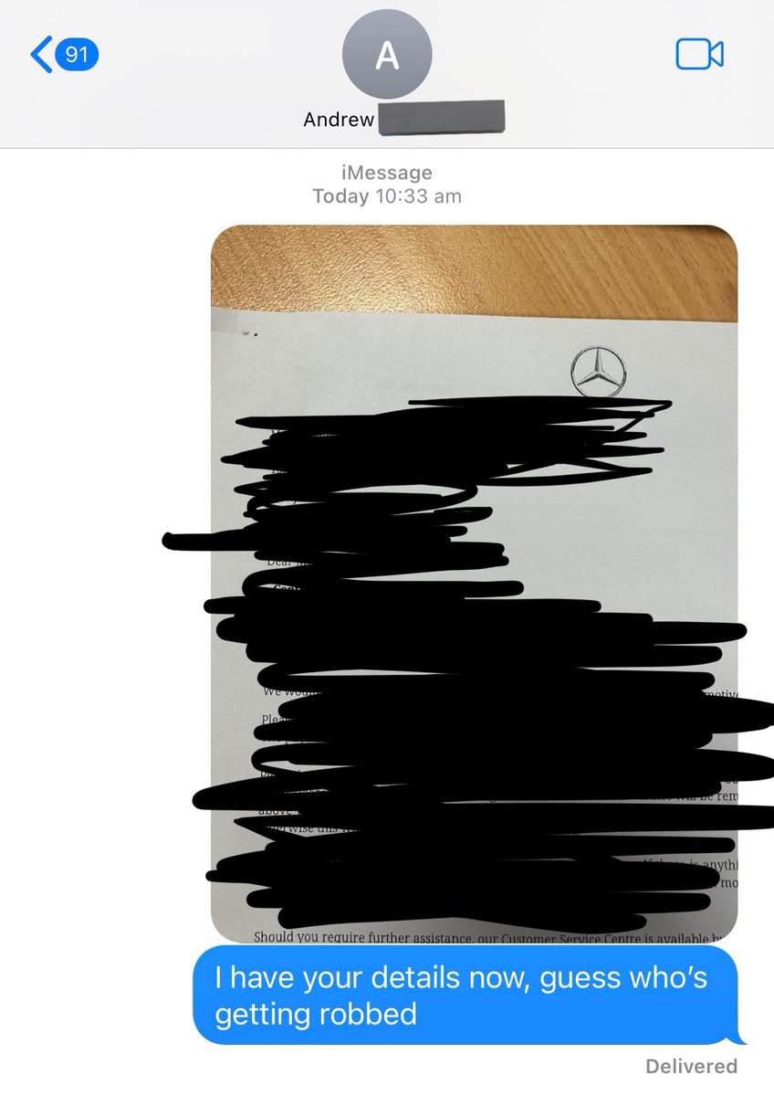 miseraey's tweet photo. So my old boss just bought a car from my new dealership and I have the paperwork with all of his bank details, so I texted him this https://t.co/RGWiHKJxTH