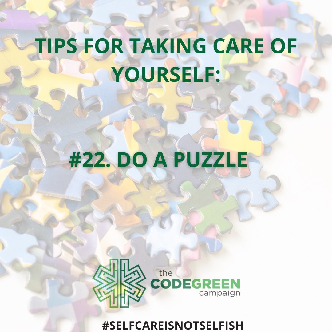CodeGreenEMS's tweet photo. Sue T From Massachusetts shared that she loves sitting down and doing a puzzle as an act of self care! #mentalhealthawareness #thecodegreencampaign https://t.co/1cjFN43ivJ