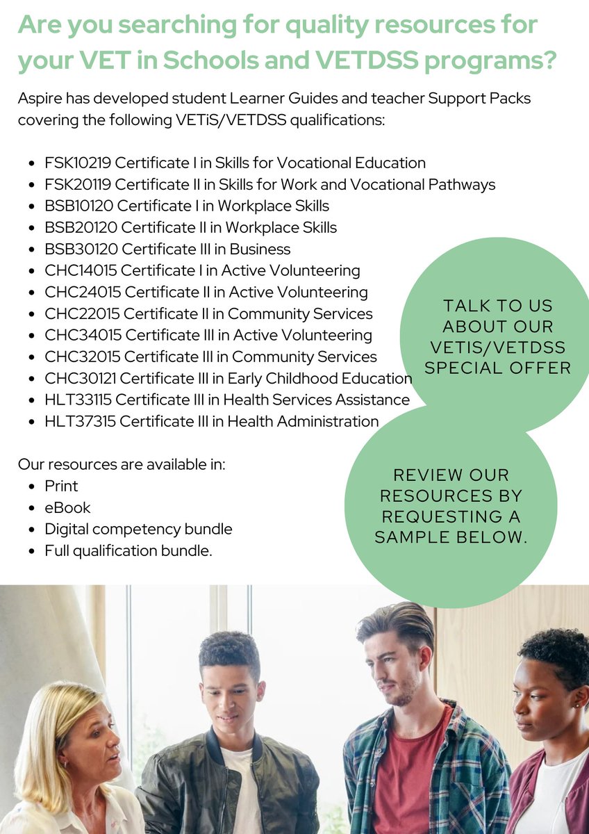 Help your VET in Schools/VETDSS students get the most out of their program with our quality resources;  
available in print, eBooks and digital competency bundles.
Request free sample: samples@aspirelr.com.au
Talk to us about booklisting for 2024.
#AspireLR #VETinSchools #VETDSS