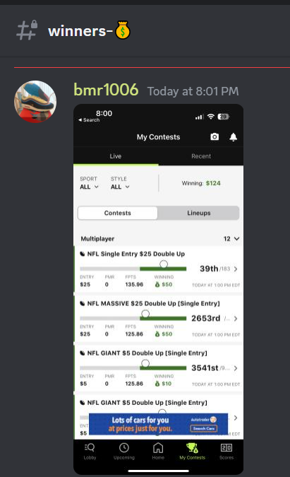 FNFcommunity_'s tweet photo. DFS cashes 2x's on Sunday slate 💥

Ready for the Night game 🔥

#DFS #sportsbettingtwitter