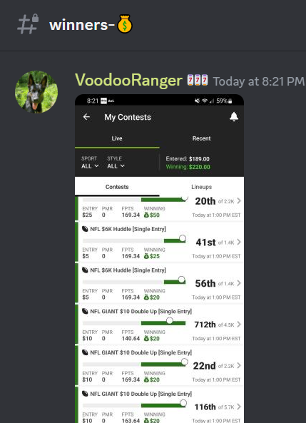 FNFcommunity_'s tweet photo. DFS cashes 2x's on Sunday slate 💥

Ready for the Night game 🔥

#DFS #sportsbettingtwitter