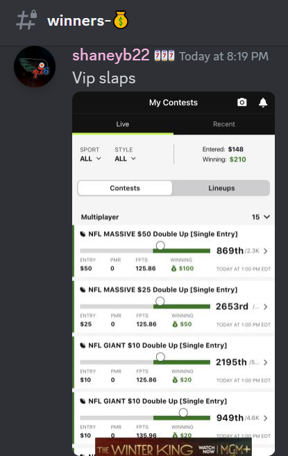 FNFcommunity_'s tweet photo. DFS cashes 2x's on Sunday slate 💥

Ready for the Night game 🔥

#DFS #sportsbettingtwitter