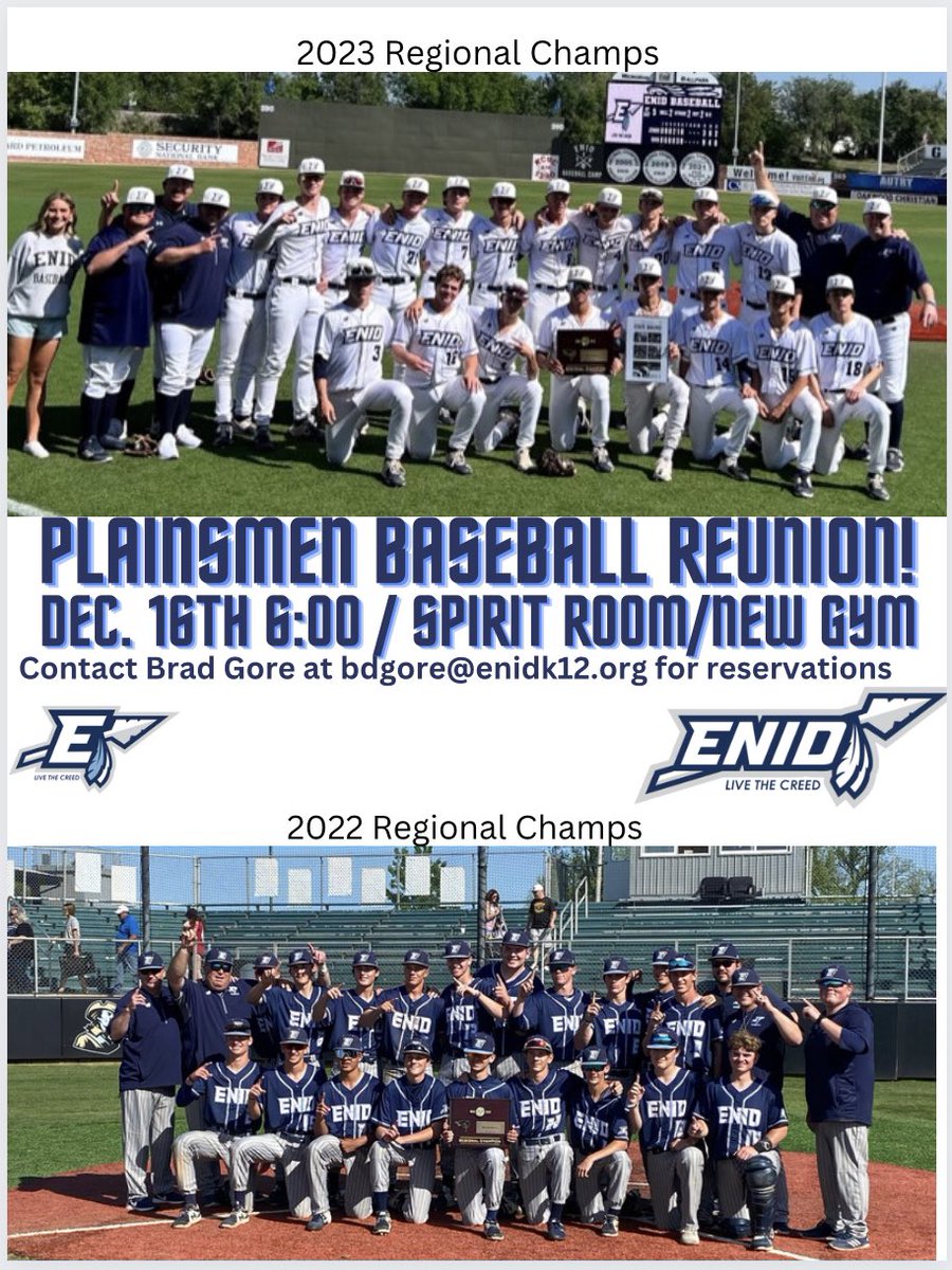 Plainsmen Baseball Alumni!! Mark your calendar for the Plainsmen Baseball Reunion! Contact Coach Gore for reservations! Bdgore@enidk12.org
#plainsmenpride