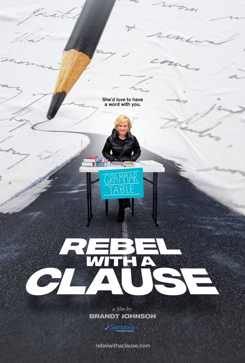 There are now four movie poster options for the Grammar Table documentary, "Rebel with a Clause." If you have time/inclination, <a href="/BrandtWJohnson/">Brandt Johnson</a> and I would love to know what you think! To help with ID of photos:
1 = me alone at table
2 = big crowd
3 = pink jacket
4 = big pencil