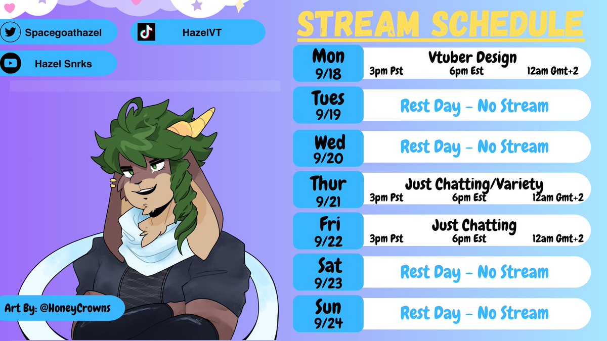 hazelgatchaa's tweet photo. attempting 3 streams this week! things might mix up a bit but i think ill be up for it <3 have a good week everyone!
#ENVtubers #VTuberUprising #packrats https://t.co/seNGSLlc9N