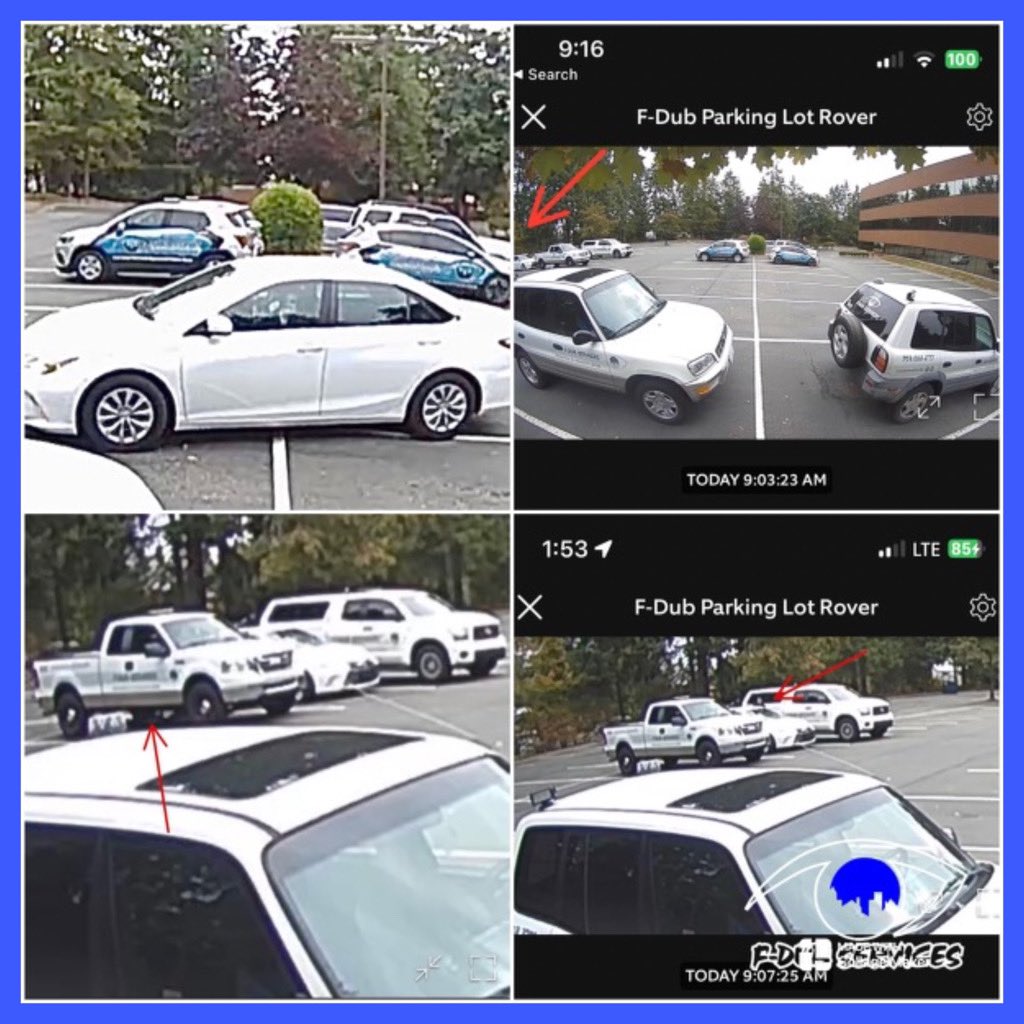 DubServices's tweet image. this 🤡 in the white sedan (pictured upper left) rolled through our lot scoping out the patrol fleet and even crawling under one of our trucks. Luckily the @ring cameras alarms sent him running.  @FedWayPD #eyesonfederalway #crimeinfested #federalway #crimehasnozipcode