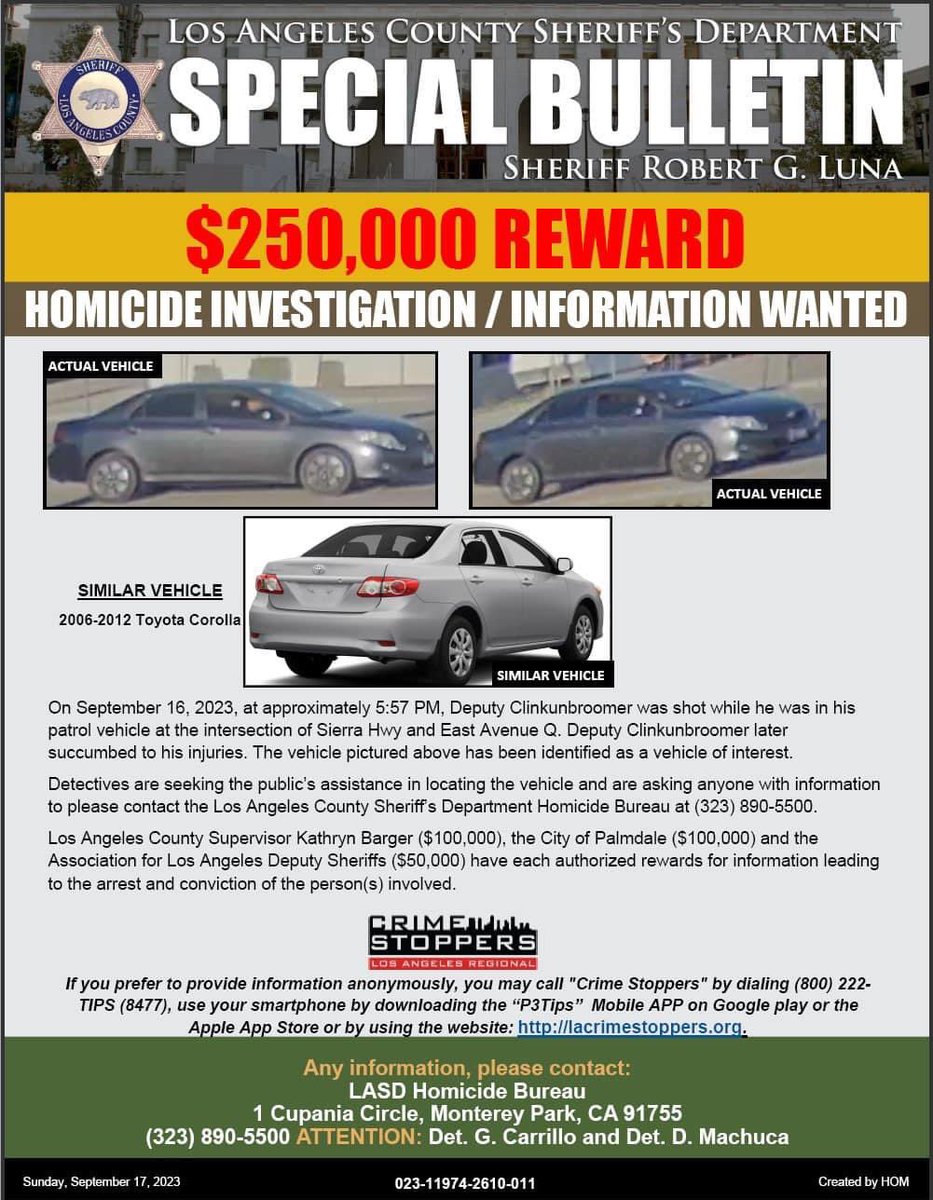 BOLO issued. Vehicle of interest tied to yesterday’s murder of a Sheriff’s deputy in #Palmdale.