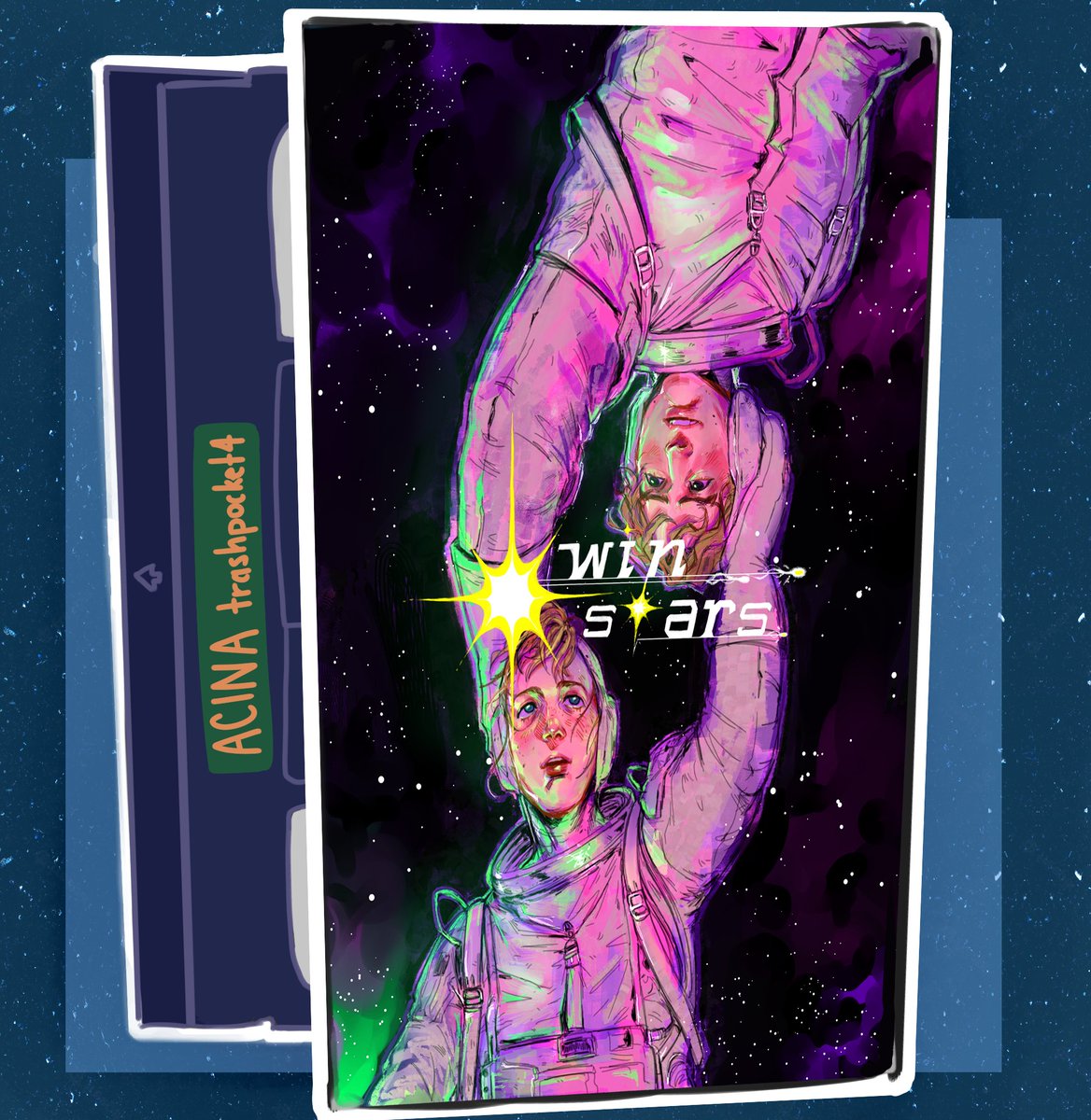 Twin Stars front cover reveal!🌟 Featuring the fantastic <a href="/trashpocket4/">‼️COMMS OPEN‼️acina_m(on)💖</a> 's incredible art - we're blown away and hope you all love it as much as we do! Pick up your VHS copy soon ;)
