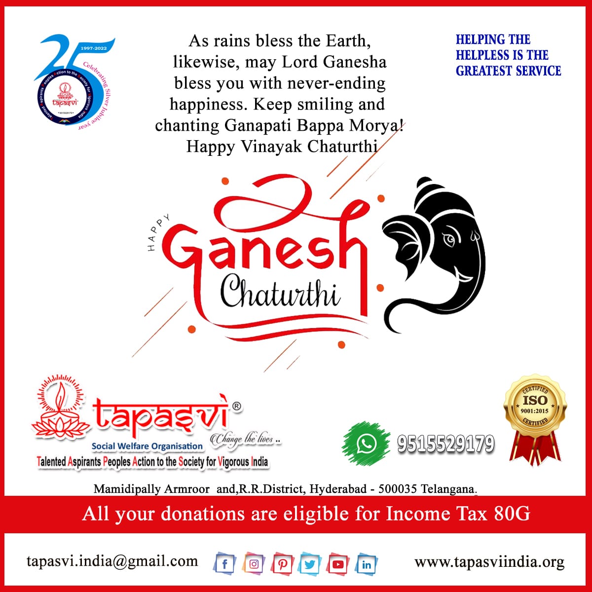 tapasviindia's tweet photo. May Lord Ganesha bestow you with power, destroy your sorrows, and enhance happiness in your life.He always stay as your mentor, protector and remove obstacles from your life.
*Happy and blessed Ganesh Chaturthi*
#www.tapasviindia.org#
All your support is essential to us🙏🙏 https://t.co/HS31A12G7n
