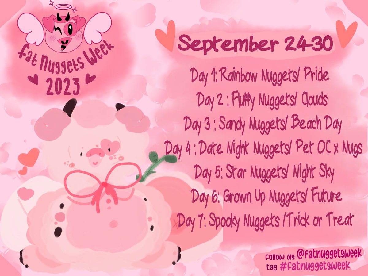 fatnuggetsweek's tweet photo. One week left until #FatNuggetsWeek starts! π
2023 September 24-30 β¨π·
Donβt forget to use the #fatnuggetsweek tag / follow us to see all the beautiful creations!
π©·Poster art by @SupplierOfBugUg
#HazbinHotel #fatnuggets #HazbinHotelAngelDust #hazbinhotelfatnuggets https://t.co/S6xQ4E0Sab