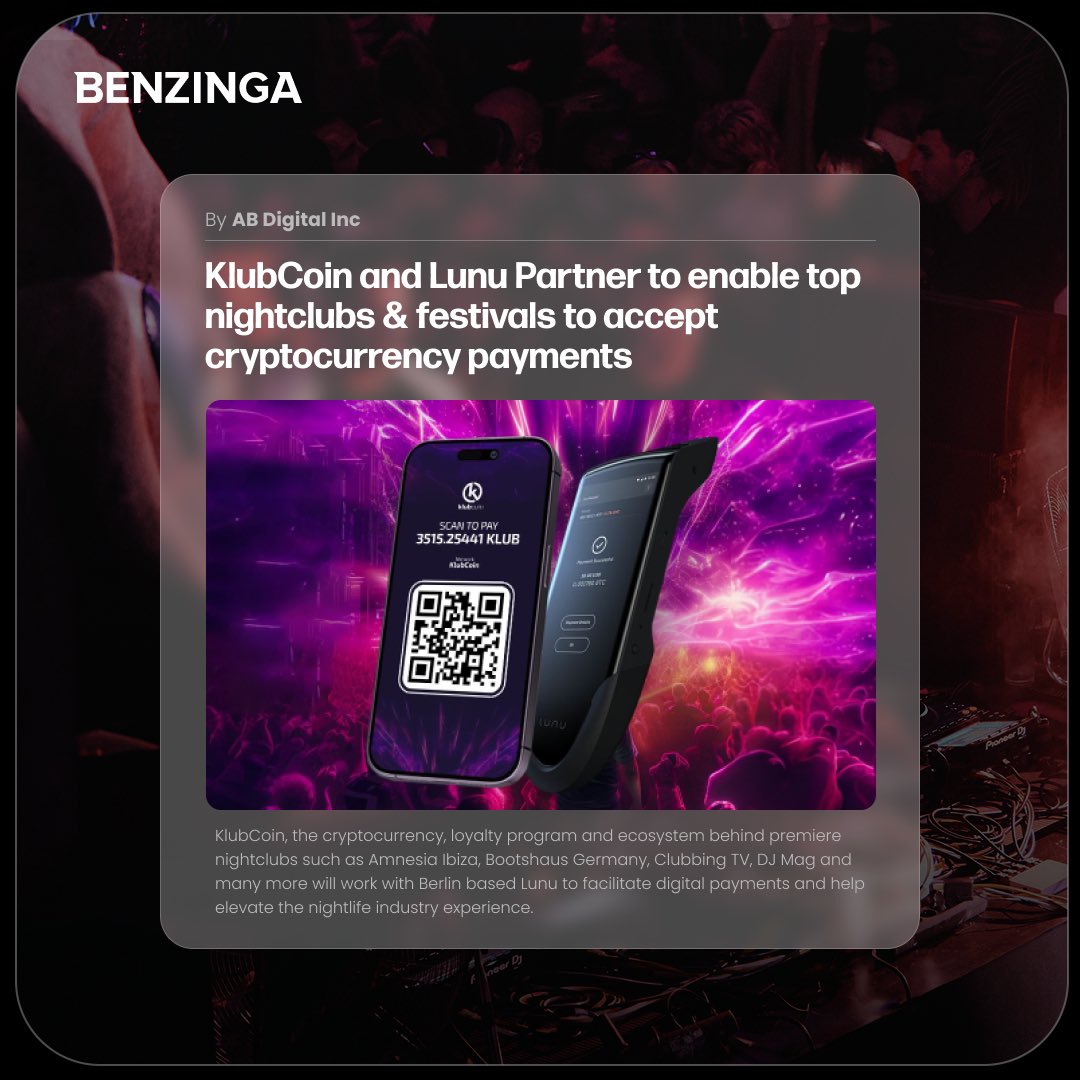 KlubCoin's tweet photo. "Having successfully integrated Lunu and KlubCoin into clubs like Amnesia Ibiza, which currently accept cryptocurrencies as payment, we are now prepared to scale this integration for all partners within the KlubCoin ecosystem."

Check out our latest feature on, @Benzinga, @YahooFinance, and @digitaljournal, highlighting our recent partnership with @LunuSolutions.