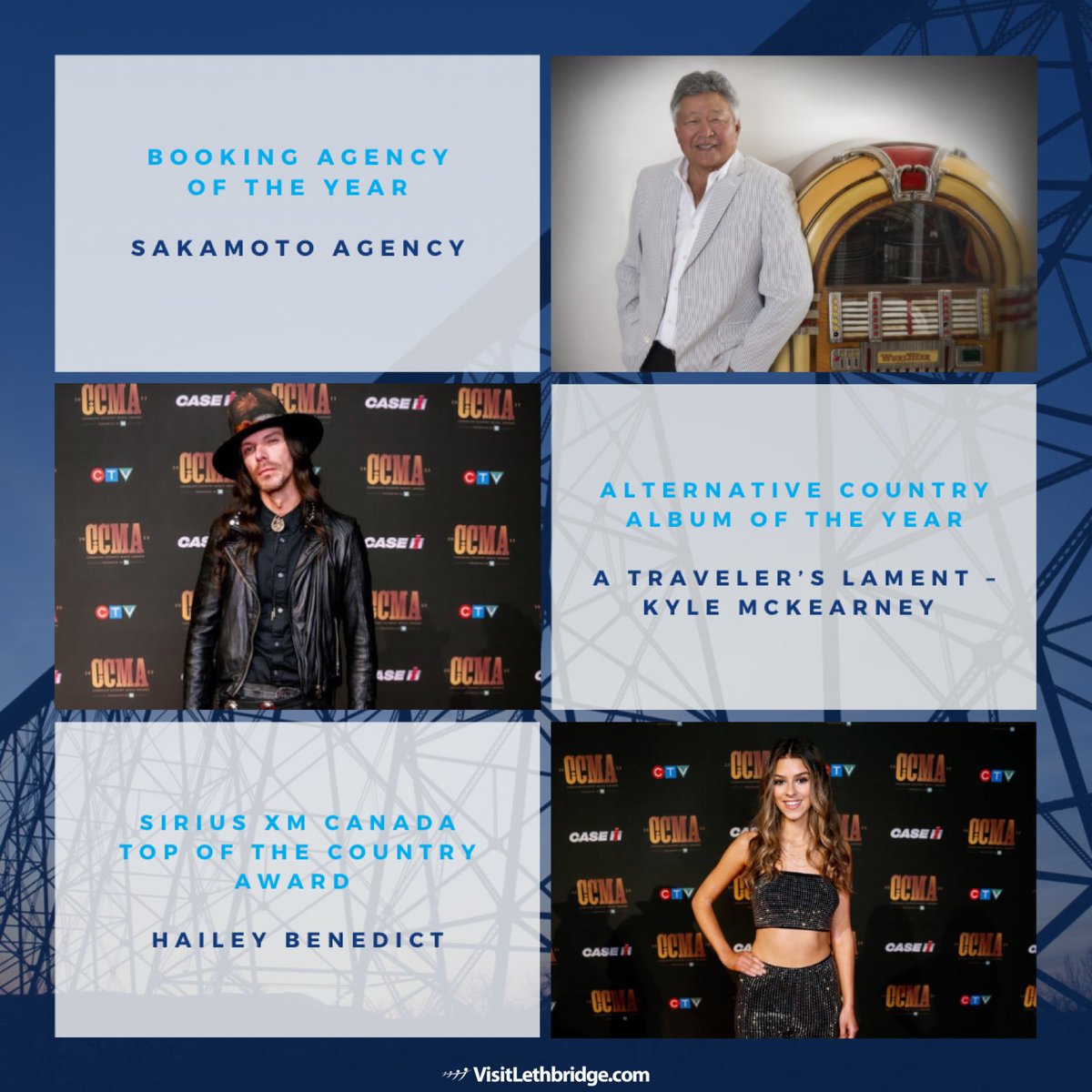 VisitLethbridge's tweet photo. We want to extend a HUGE congratulations to Lethbridgeโs own Ron Sakamoto, Sakamoto Agency, and his artists Kyle McKearney and Hailey Benedict on their awards at the Canadian Country Music Awards last night ๐ฅณ๐ฅณ๐ฅณ
#VisitLethbridge #CCMA2023
๐ธ: @YourAlberta
๐ธ: @CCMAofficial https://t.co/HuWKy9bUWy