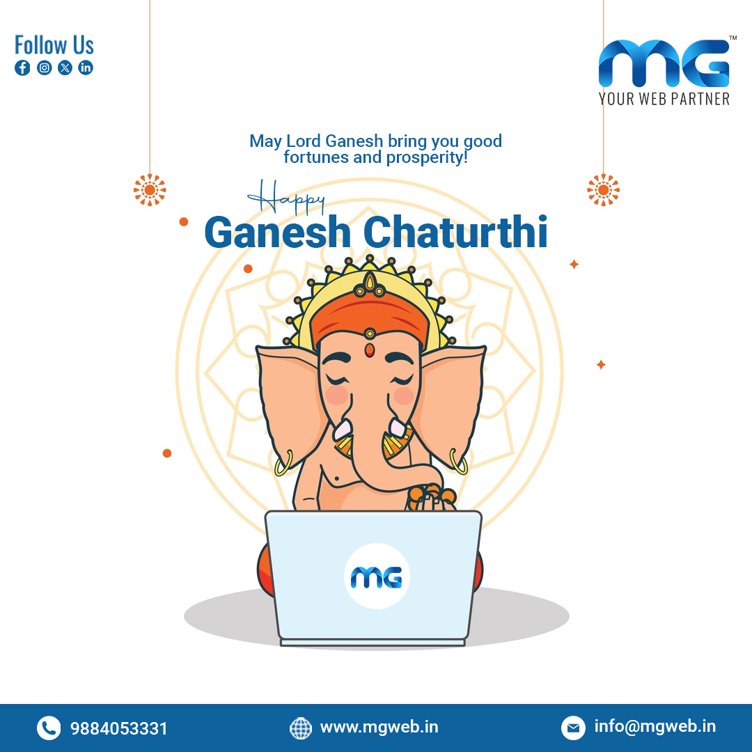 MGWEB_IN's tweet photo. "On this Ganesh Chaturthi, let's seek the blessings of Lord Ganesha to lead us on the path of righteousness and wisdom. Happy Ganesh Chaturthi to all! 🌼🐘 #GaneshChaturthi2023 #GanpatiBappa" #mgweb #india #mg #website #technology #webpartner #wisdon #wisdom #festival #prosperity https://t.co/WQsWAI6nNI