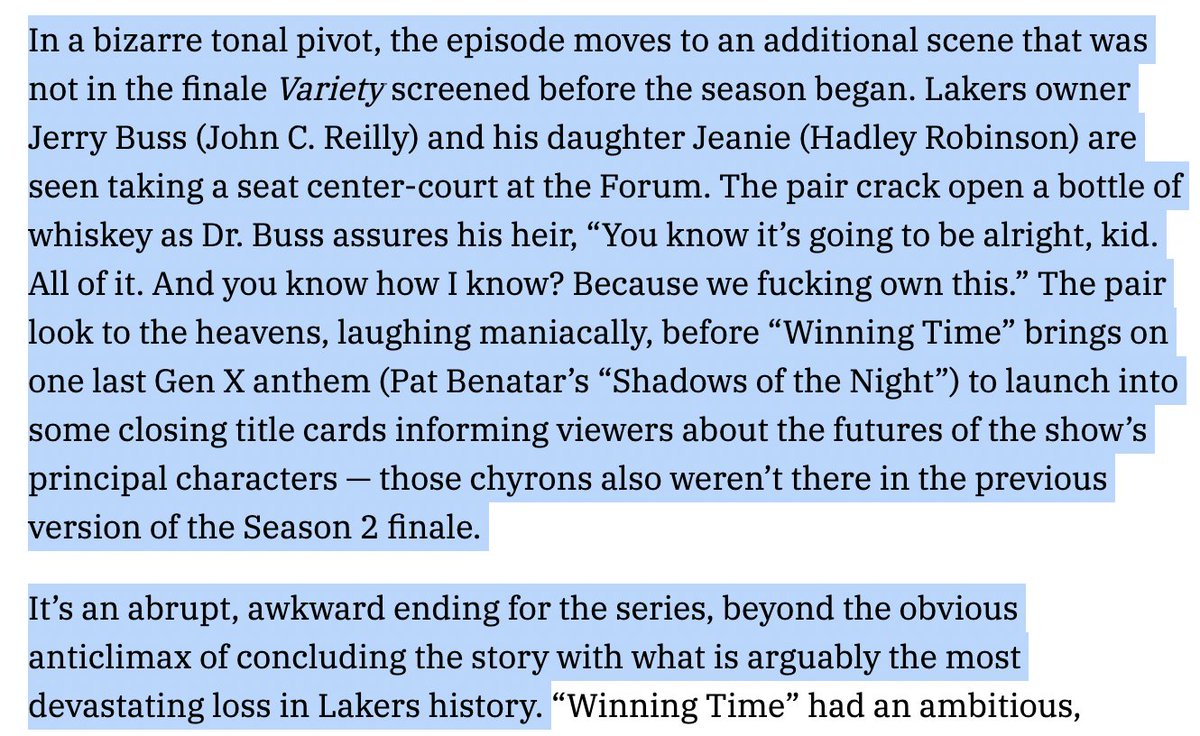 TheInSneider's tweet photo. BREAKING: HBO has canceled WINNING TIME after 2 great seasons. Per Variety, an additional scene aired tonight that wasn't sent to critics 2 months ago that wrapped up the show. What a fucking BUMMER! Between this and THE IDOL, I'm disappointed... https://t.co/lwRThfIn2J