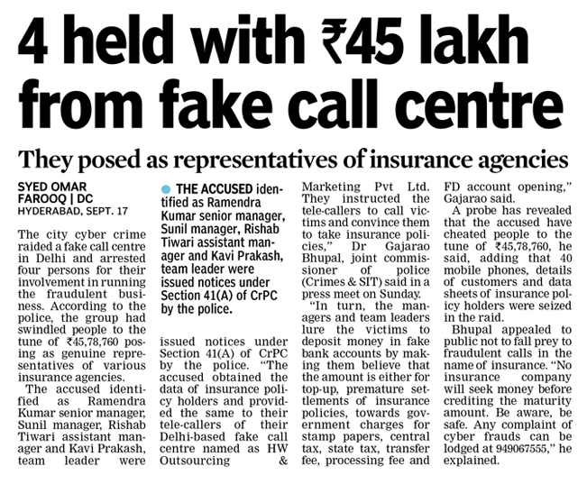 hydcitypolice's tweet photo. CCS Police raided Fake Insurance call center in Delhi, and arrested four...
#CCS #InsuranceClaims
#FakeInsurance https://t.co/8vpSif1xu1