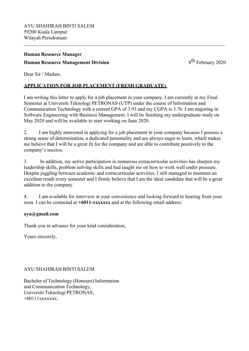 faridaffy's tweet photo. Ini adalah contoh cover letter yang sesuai untuk digunakan di Malaysia.

Betul cakap Cik Ayu Shahirah ni, di Malaysia kita ada cara kita sendiri untuk menulis surat rasmi dan cover letter ni lah yang dapat kenalkan diri kita dengan ringkas dan padat. https://t.co/rUfMvve1Rw
