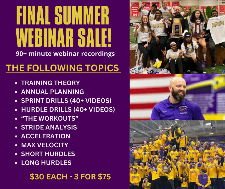 ChrisParno's tweet image. Fall training calls for the FINAL SUMMER WEBINAR SALE! 

Get a jump start on the season with a great professional development opportunity! 

Dedicated time to specific track topics!!

DM me for purchase details! 

#Sprints #hurdles #training #coaching #coaches #coach #track