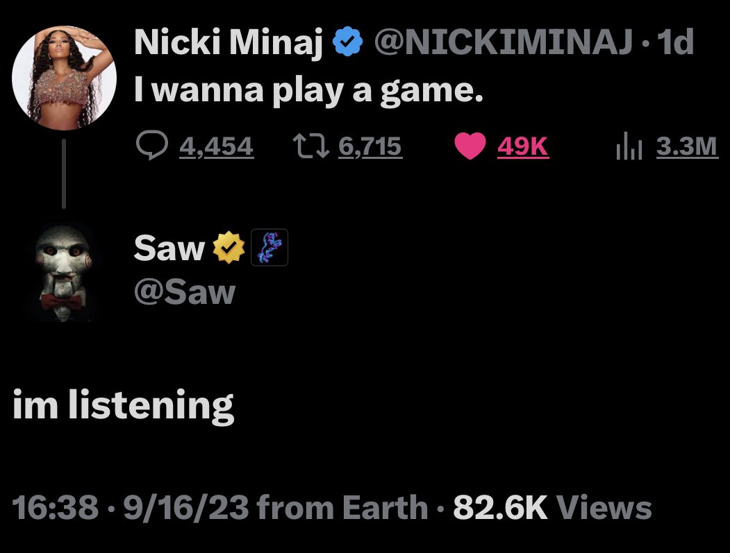 MeeqMinaj's tweet image. Oh…what’s happening here 🫣 @Saw @NICKIMINAJ  9.29.23 #PlayAGame