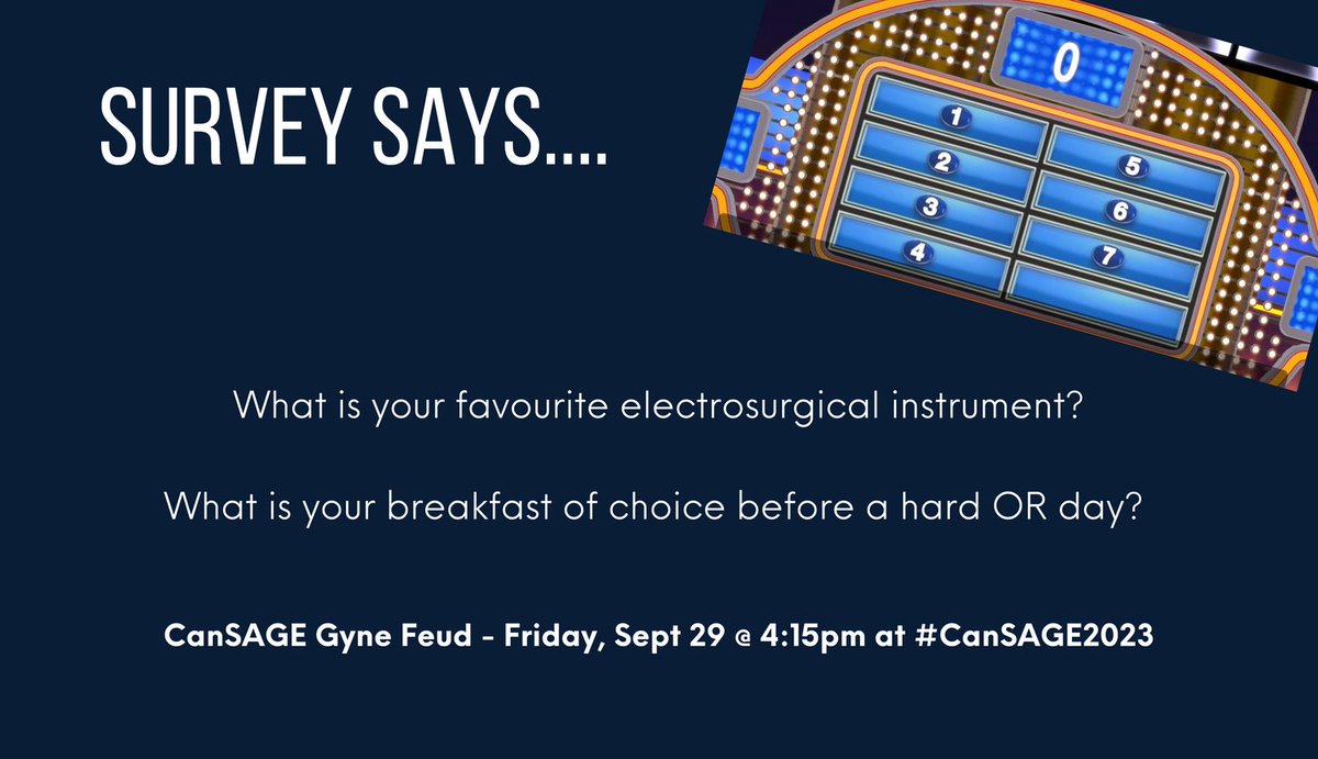 Survey says...we are excited to play Gyne Feud at #CanSAGE2023! Gather your team to play or come watch but don't miss this fun event! Help us survey 100 gynecologists here:surveymonkey.com/r/TQZYPQ7