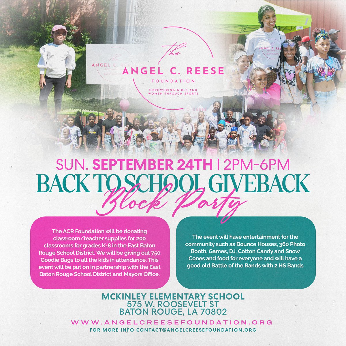 Join us this Sunday in #BatonRouge for a Back To School Giveback Block Party with <a href="/Reese10Angel/">Angel Reese</a> 📚 Share with a kid you know! 🙂