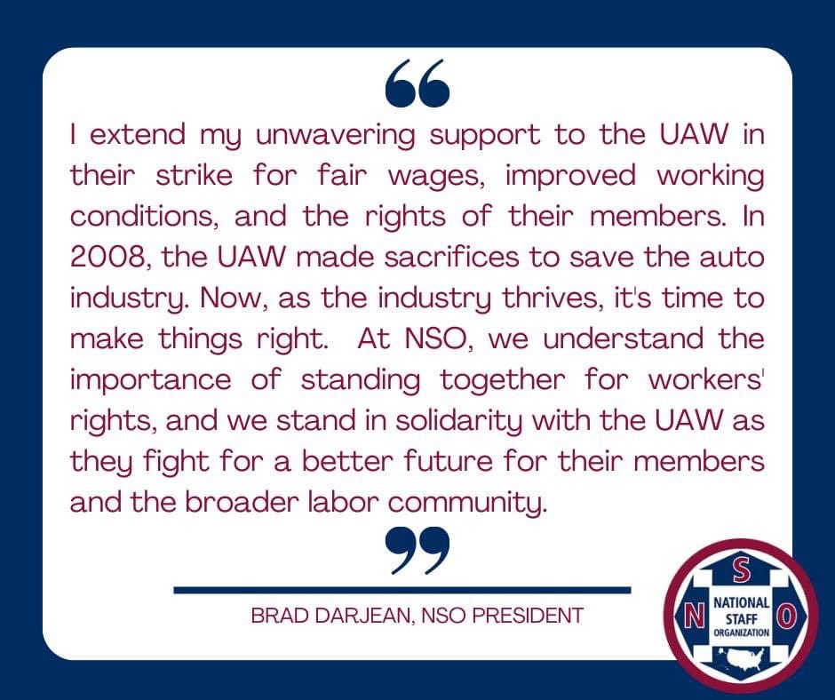Statement from President Darjean regarding the @UAW strike ✊🏾
#UnionStrong #NSOStrong #FairWages #RecordProfits #UAW #Solidarity