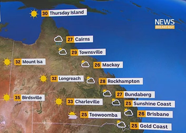 MMyrick29's tweet photo. Happy Monday, QLD! Your Weather NOW: @anna_prole's Brisbane/Mackay at 26, GC/SC/Toowoomba at 25, Bundaburg/Cairns at 27, 28 in RTQ, 29 in Townsville, 32 in Longreach/Mt. Isa, 33 in Charleville, 35 in Birdsville + 30 in Thursday Island. Follow @BOM_Qld & stay safe from #qldfires. https://t.co/p1MrDOC7ou