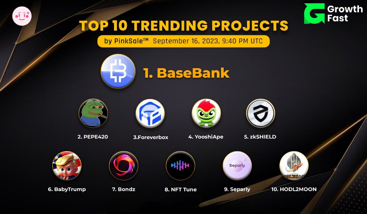 0x_Redux's tweet image. 🚀 Check out the 🔝 Top 10 Trending Projects on #PinkSale! 🏆
🥇 $BBANK - @BankonBasexyz
🥈 $PEPE420 - @PepeToken420
🥉 $FBOX - @ForeverBoxtoken
4⃣ $YOOSHIAPE - @YooshiApe
5⃣ $ZKSHIELD - @zkshield_
6⃣ $BABYTRUMP - @BabyTrumpEth
7⃣ $BONDZ - @Bondzapp
8⃣ $TUNE - @Nfttune_main
9⃣…