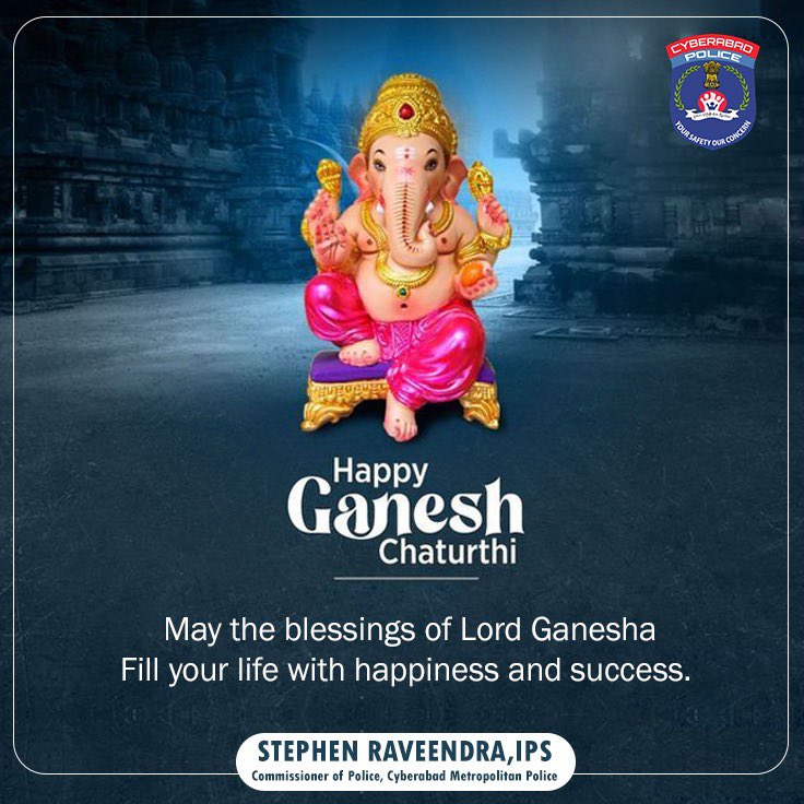 Sending heartfelt wishes for a blessed #VinayakaChaturthi. May Lord Ganesha shower his divine blessings upon you and your family.

#HappyGaneshChaturthi #GaneshChaturthi #CyberabadPolice