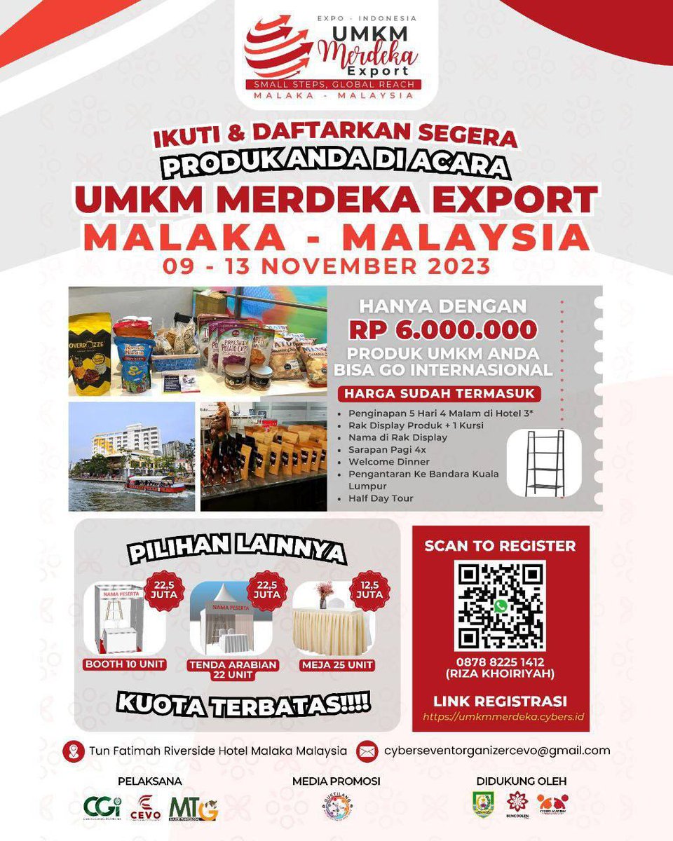 MithaqulR's tweet photo. EXPO - INDONESIA
SMALL STEPS GLOBAL REACH 

Ikuti &amp; Daftarkan Segera Produk Anda Di Acara "UMKM MERDEKA EXPORT MALAKA - MALAYSIA"

☎️ 087882251412 ( Riza Khoiriyah)
📍Tun Fatimah Reverside Hotel Malaka Malaysia
Link registrasi: https://umkmmerdeka.cybers.idtun https://t.co/SUwz0YXDFz