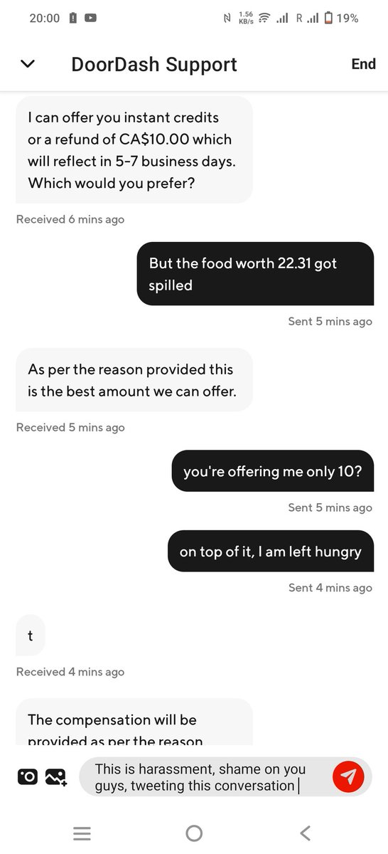 ashfaque_h's tweet photo. @DoorDash @DoorDash_Help I ordered on your app in Vancouver, received spilled food, contacted the help team, met a rude agent named Gaddam, who refused to offer me a replacement of my food, and offered me only $10 as a mercy. That's how you treat hungry customers? Shame! https://t.co/sbDofFh1nL