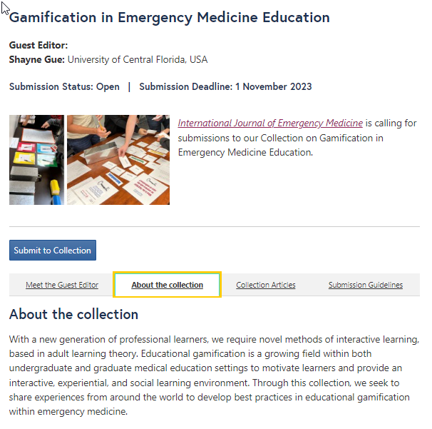 Emergency Medicine and Surgery @BMC (@emsurgerybmc) on Twitter photo Call for papers: Gamification in Emergency Medicine Education
International Journal of Emergency Medicine’s new #OpenAccess collection guest edited by <a href="/ShayneGueMD/">Shayne Gue, MD, MSMEd, FACEP, FAAEM</a> is open for submissions until 1st November 2023.
Read/submit to the collection here: biomedcentral.com/collections/GA… Call for papers: Gamification in Emergency Medicine Education
International Journal of Emergency Medicine’s new #OpenAccess collection guest edited by <a href="/ShayneGueMD/">Shayne Gue, MD, MSMEd, FACEP, FAAEM</a> is open for submissions until 1st November 2023.
Read/submit to the collection here: biomedcentral.com/collections/GA…