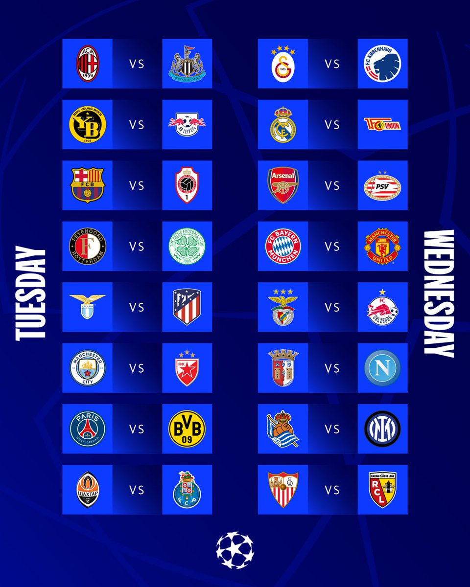 ClubRegista's tweet photo. Şampiyonlar Ligi'nin ilk haftasında oynanacak olan tüm maçlar! #UCLFirstWeek #UCL #GSCOP https://t.co/a0jv3Zt0ms