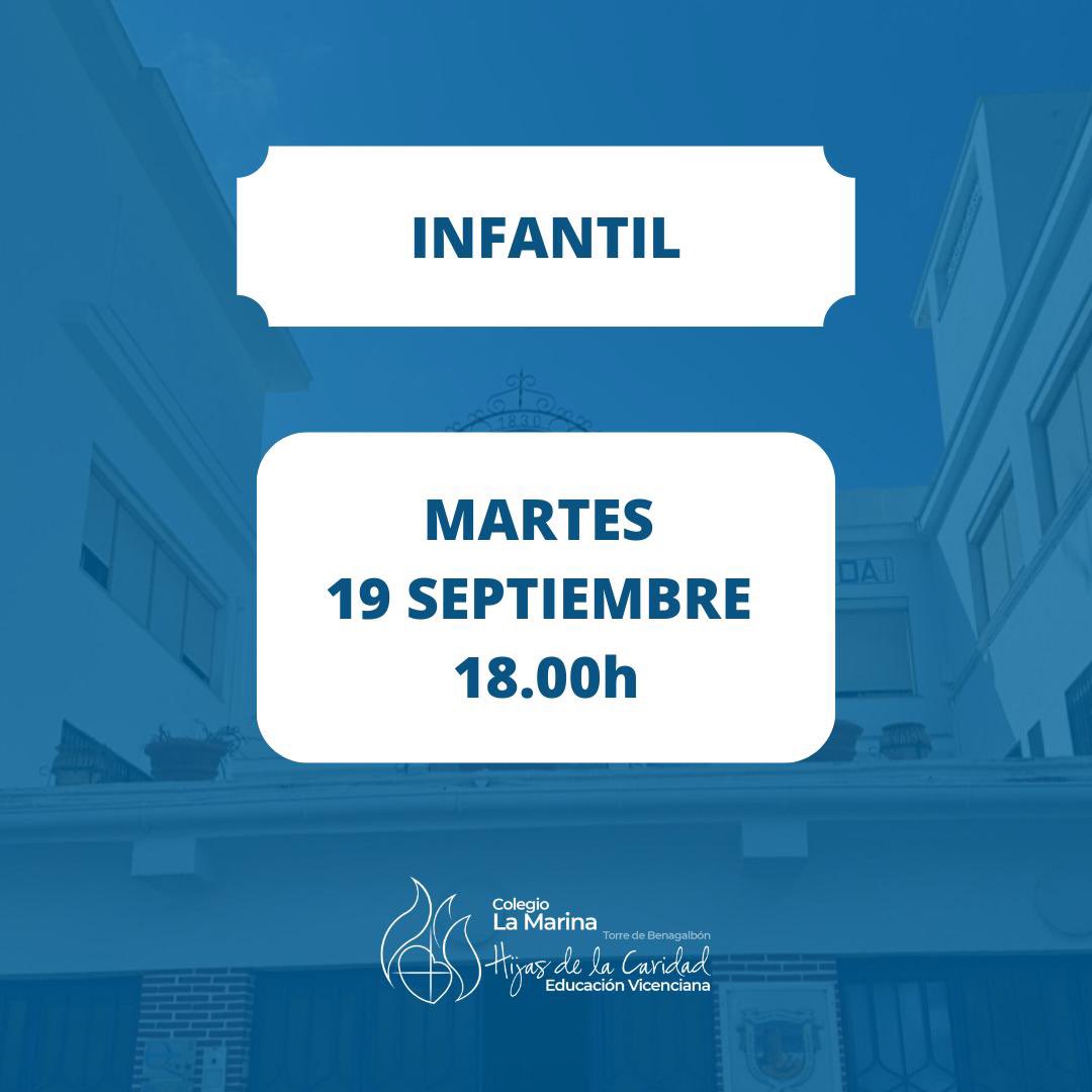 Comenzamos las reuniones con las familias del curso 2023-24. La primera de ellas será con las familias de los alumnos de Infantil. 
Mañana martes 19 de septiembre a las  18.00 horas. 
¡Te esperamos!