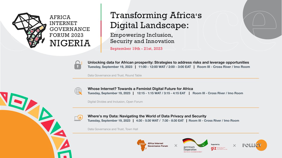 Catch us tomorrow September 19th at the #AfIGF2023. If you're attending, be sure to join us for a deep dive into Africa's digital realm and future possibilities. Check out our session lineup ⬇️ and see you there! 🚀 #DigitalAfrica #InternetGovernance
