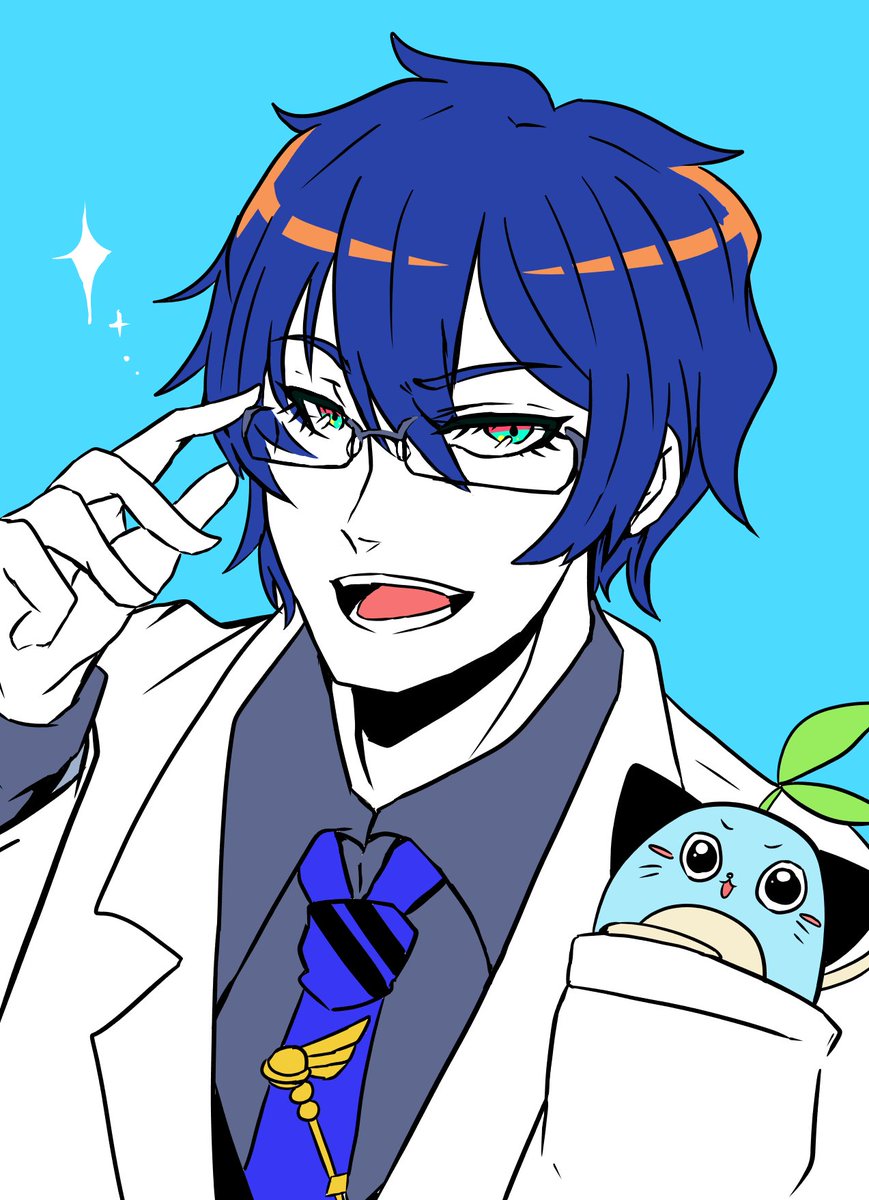 labcoat blue hair glasses 1boy pokemon (creature) male focus white background  illustration images