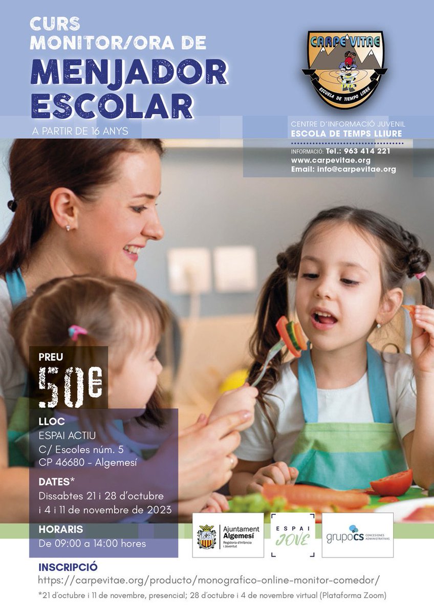 🍒🍖🍳🥪𝐂𝐔𝐑𝐒 𝐌𝐎𝐍𝐈𝐓𝐎𝐑/𝐎𝐑𝐀 𝐃𝐄 𝐌𝐄𝐍𝐉𝐀𝐃𝐎𝐑 𝐄𝐒𝐂𝐎𝐋𝐀𝐑🥑🥗🍎

💰𝐏𝐫𝐞𝐮: 𝟓𝟎 €.
A partir de 16 anys.

*21 d'octubre i 11 de novembre (classes presencials👩‍🏫); 28 d'octubre i 4 de novembre (classes online🖥)

✏️INSCRIPCIONS:
carpevitae.org/producto/monog…