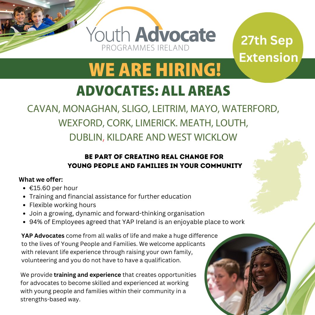 📷 Our advocacy recruitment has had an extension. 📷 The new date for nationwide applications is 27th September! Follow the link below to be taken to our advocate application portal yapireland.ie/.../careers-wi…