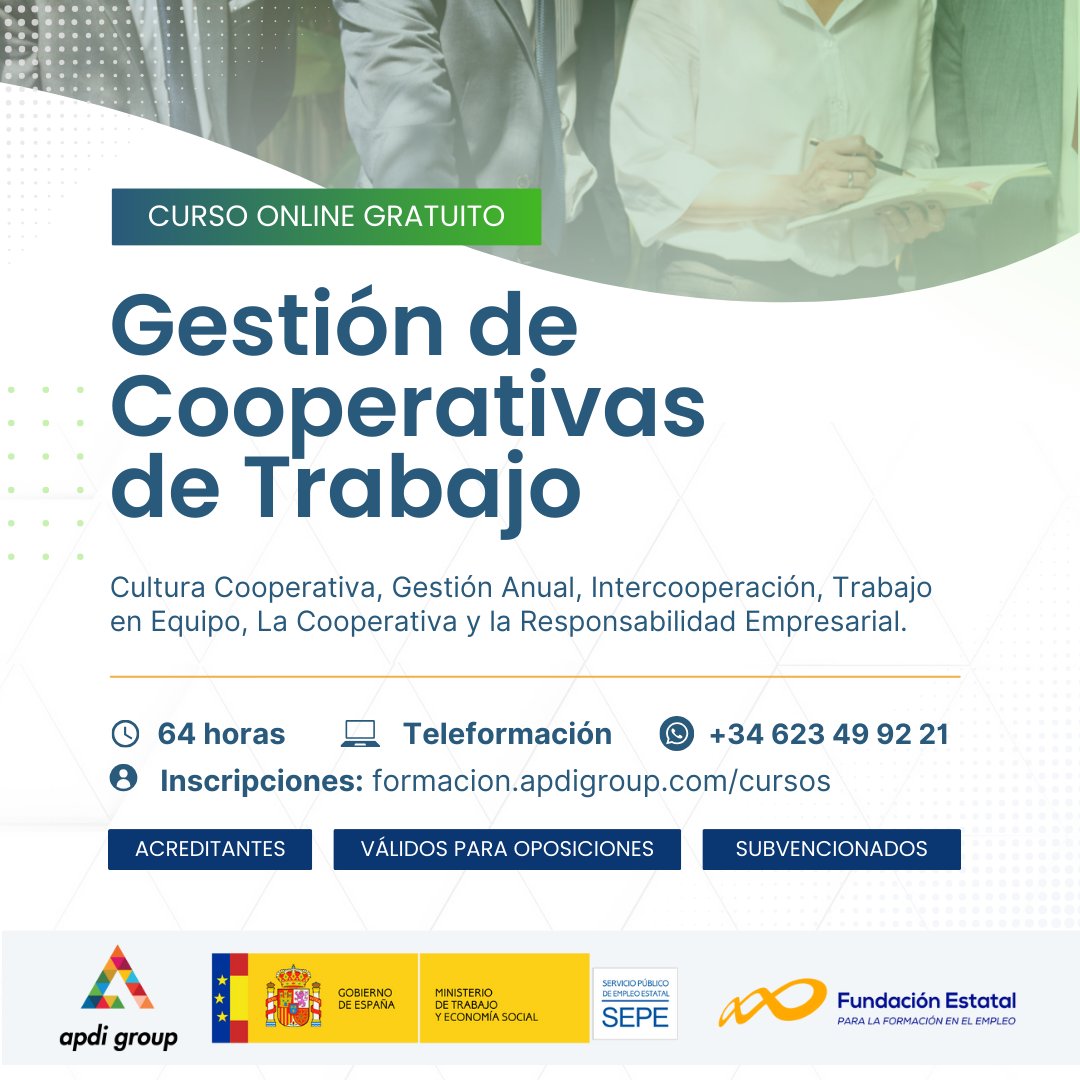 🎓 Curso Gestión de Cooperativas de Trabajo

📅 Nueva fecha - ¡empezamos el 16 de Octubre! 

Inscripciones en
formacion.apdigroup.com

#cursosgratis #cursosonline #cooperativas #cooperativasdetrabajo #asociacioneuropea #asociacion #proyectoserasmus