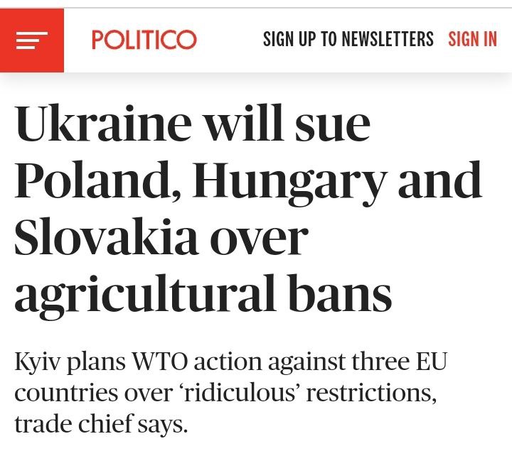 Kiev will file a lawsuit with the WTO against Hungary, Poland and Slovakia over the grain embargo, Politico reports .