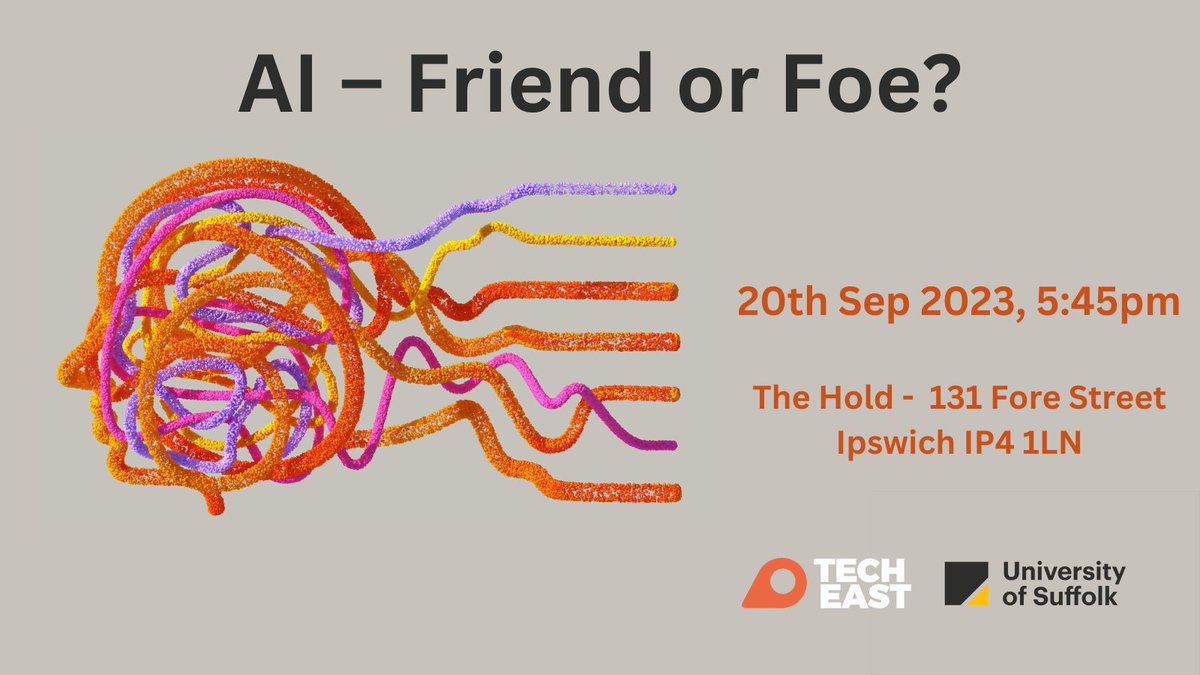 Book your ticket and join the panel for an insightful discussion on the impact of AI.  Let's explore the opportunities and challenges together! #artificialintelligence #ai #aievent AI - Friend or Foe? Wed, 20 Sep 2023 17:45 - 21:00, #Ipswich ow.ly/iVUc50PMCwl